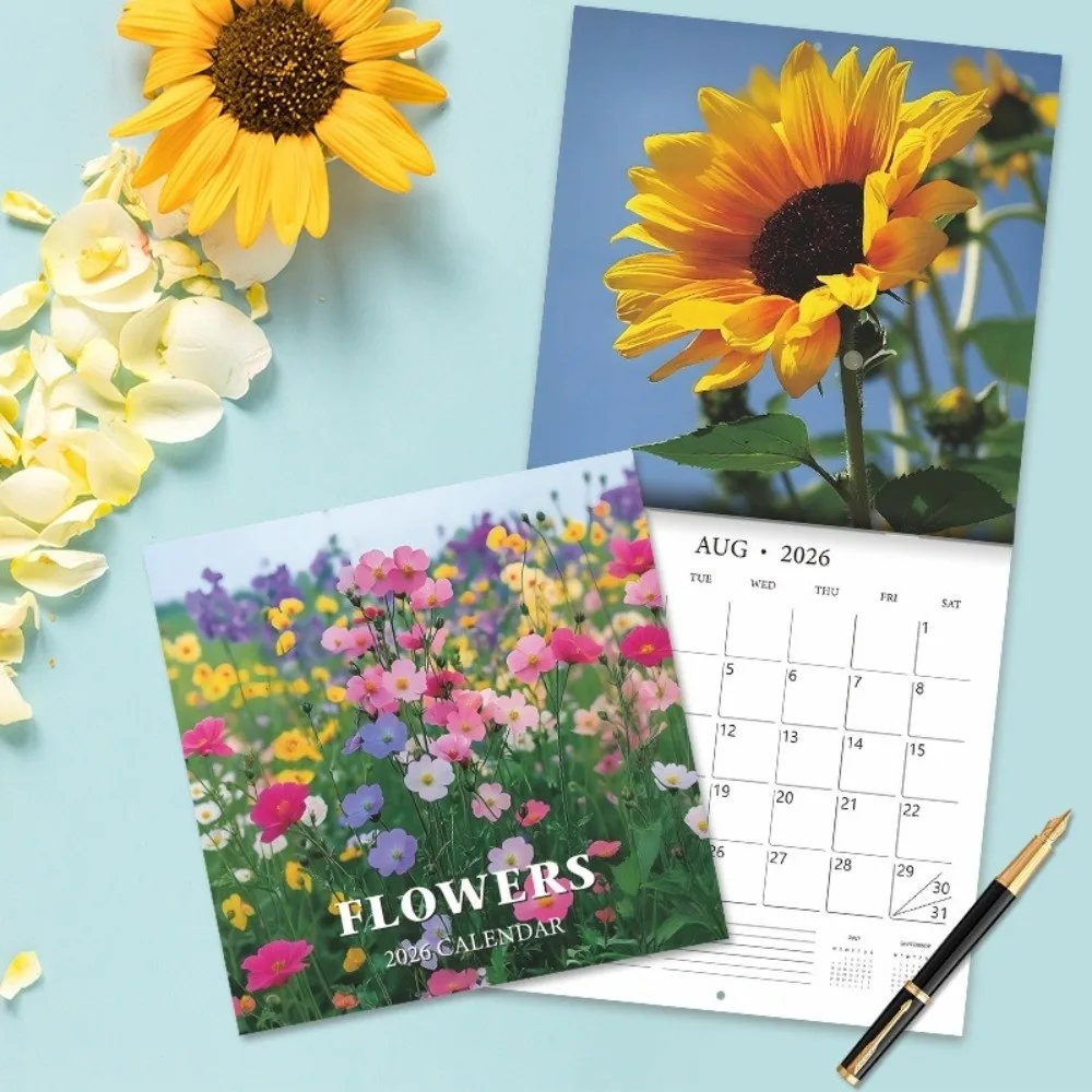 

12 Month Flowers Themed Wall Calendar Thick Paper Wall Hanging 2026 Calendar Decorative Planner Calendar Household Scenes