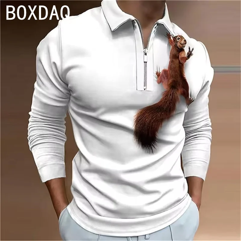 Men's Polo Shirt Golf Sport Tops Cute Squirrel Graphic Prints Print Polos T-Shirt Autumn Winter Long Sleeve Zipper Outdoor Tops