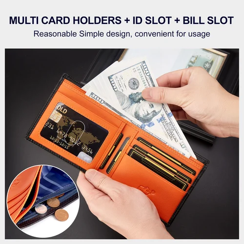 Imagen 2 del producto Cartera BISON DENIM de fibra de carbono de alta calidad para hombre, tarjetero con bloqueo RFID, cartera corta, el mejor regalo, monedero para novio, marido y padre