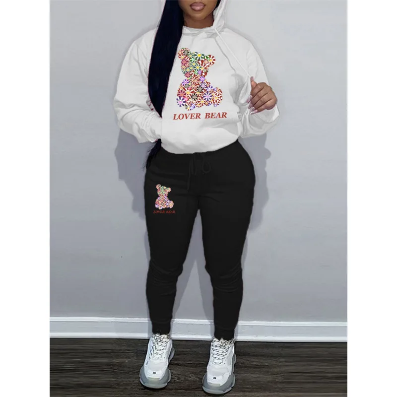 

Lovely Bear Letter Print Pocket Tracksuit Set Long Sleeve Hoodie+Drawstring Trousers Women Two Pieces Matching Suits Sweatshirts