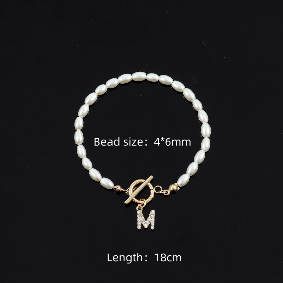 2023 New Trendy Pave Zircon 26 Initial Bracelet Women Imitation Pearl Toggle Clasps Bracelet For Women