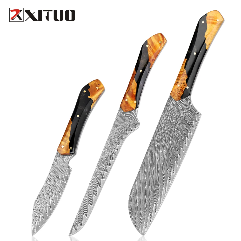 XITUO 1-3-teiliges Küchenmesser-Set, Handgeschmiedeter 67-Lagen Damaszener Stahl Japanisches Santoku-, Ausbein- und Obstmesser-Set, Ultrascharf