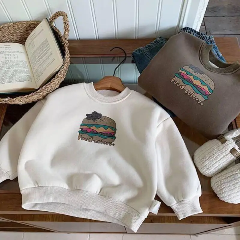 

2025 Winter New Fashion Hamburger Print Children Fleece Sweatshirt Baby Long Sleeve Warm Tops Cute Boys Girls Casual Sweatshirt
