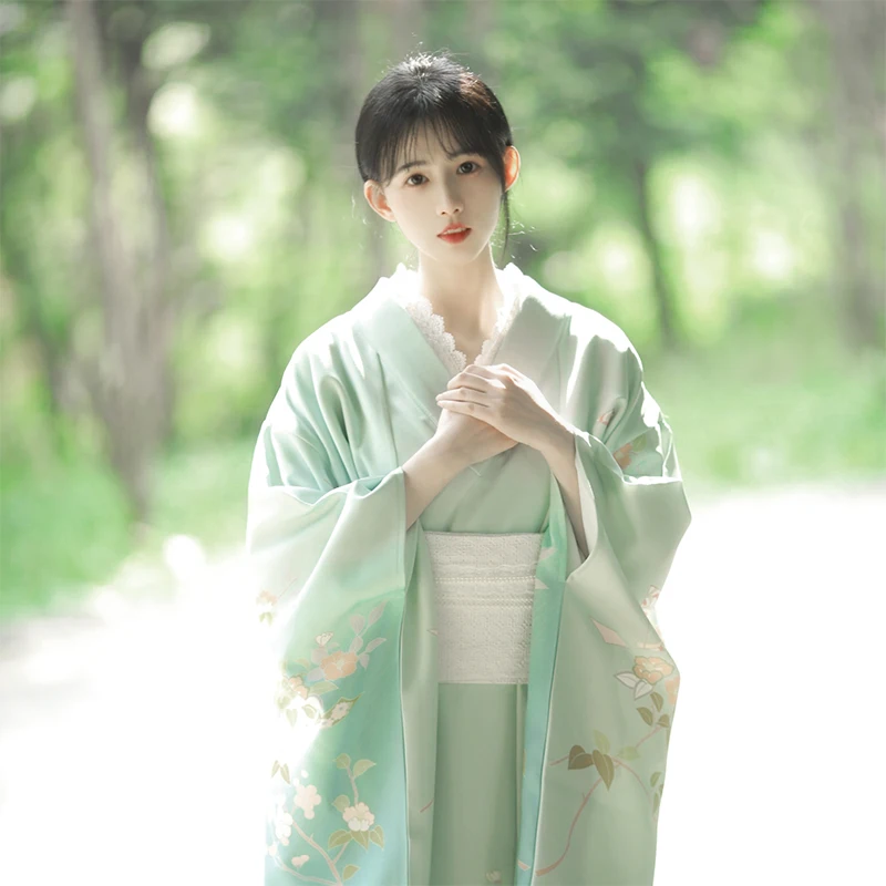 

Women's Japanese Traditional Long Sleeve Kimono Beautiful Blue Color Classic Yukata Performing Dress Cosplay Costume Photo Wear
