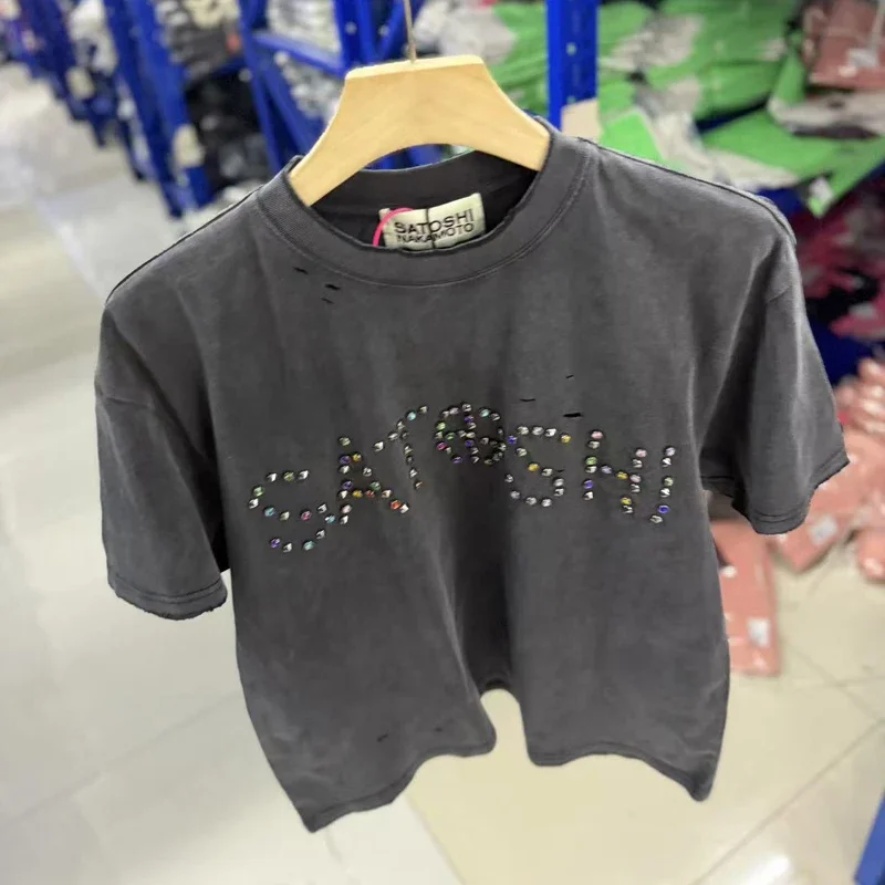 American Retro Quality New T-shirt Rivet Decoration Foam Print Round Neck Satoshi Nakamoto Short Sleeved Top