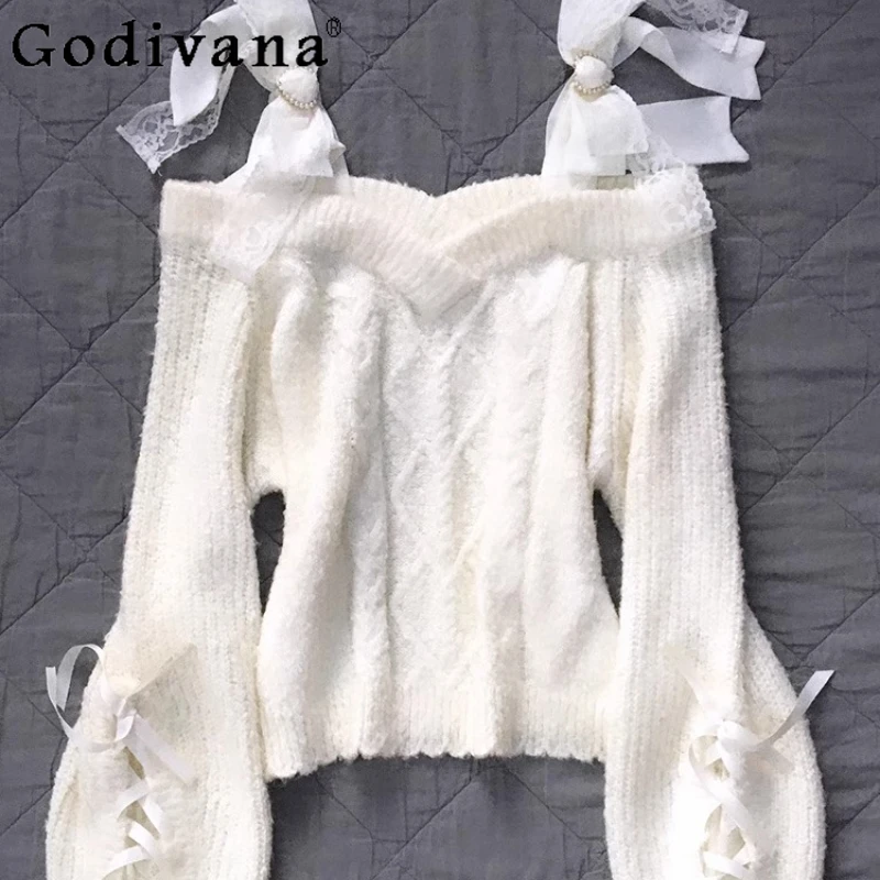 

Свитер с открытыми плечами и бантом для женщин, оригинальный нежный белый свитер во французском стиле, женский осенний свитер 202, новые японские свитера в стиле Лолиты