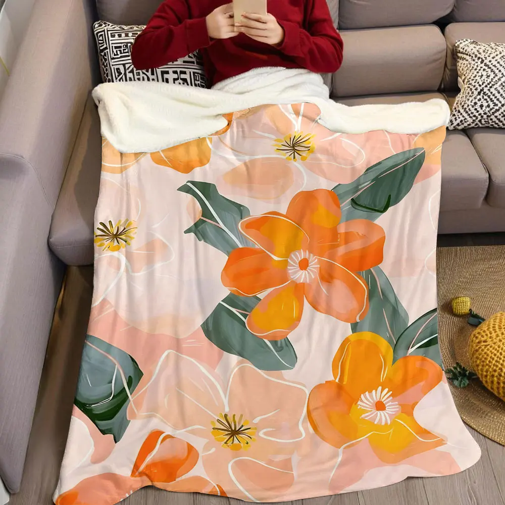 peach orange floral watercolor Flannel Blanket Warm Soft Halloween Christmas Decorative Couch Warm Cozy All-Season Gift