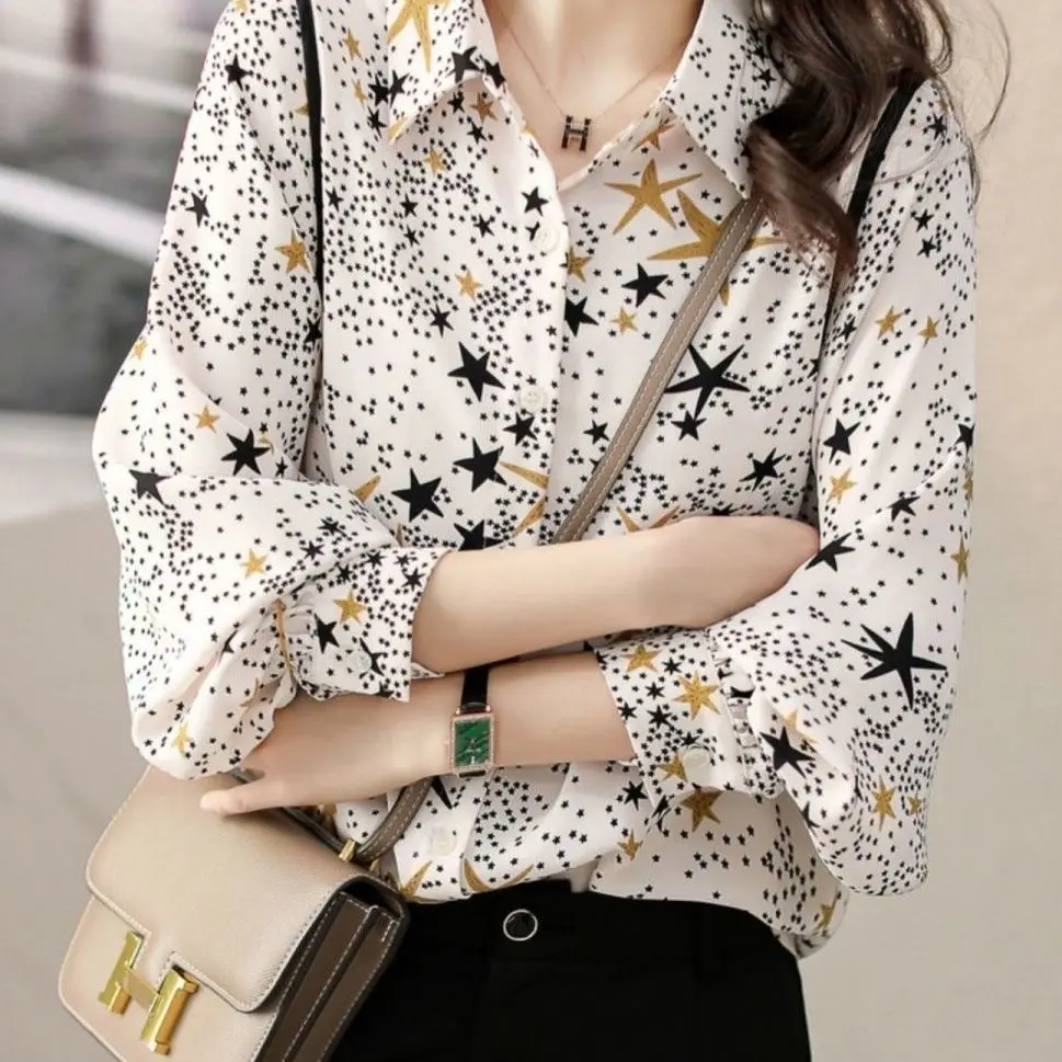 

Fashion Lapel Single Breasted Printed Shirt 2023Autumn New Casual Tops Loose Printed Commute Female Clothing Women Blouses A438