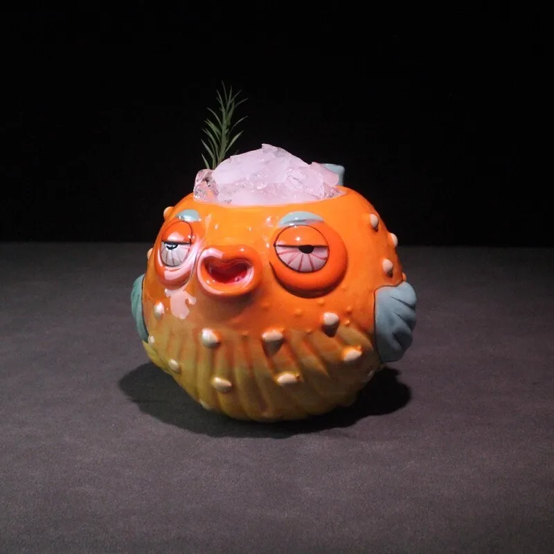 600ml Ceramic Tiki Pufferfish Shaped Cocktail Glass with Ventilation Hole Funny Hawaiian Tropical Party Cup for Bar Decor view 3