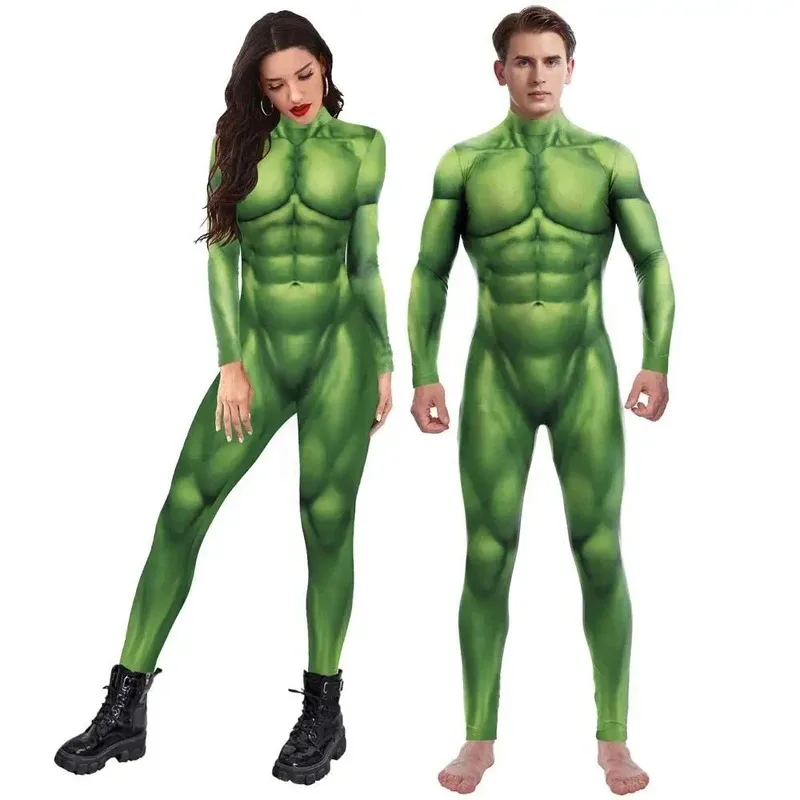 

Halloween Carnival Green Abs Muscle Print Bodysuit Festival Tights Women Men Couple Costume Party Wear Role Play Outfit Jumpsuit