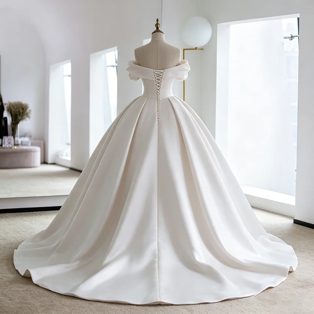 Off The Shoulder Satin Ball Gown Wedding Dresses Sweetheart Neck Bride Gowns