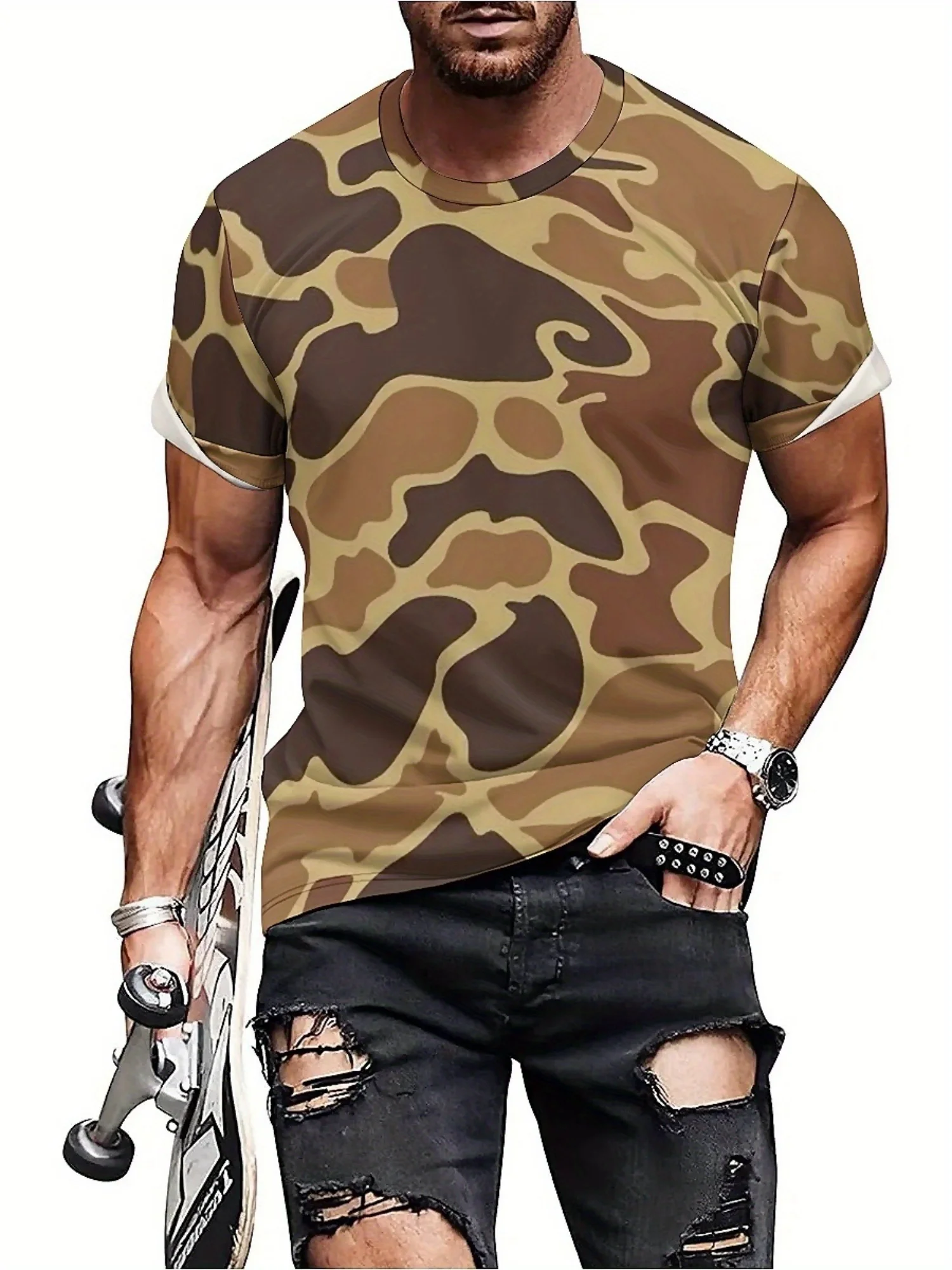Men'S Hip-Hop Style Camo T-Shirt - 3D Digital Print, Short Sleeve, Comfortable Polyester, Durable & Fun Pattern, Plus Size