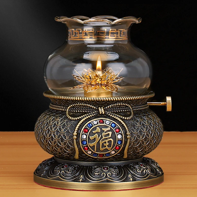 Pure Copper Imitation Ancient God of Wealth, Fortune Oil Lamp, Environmental Protection Smokeless Liquid Butter Guan Gong Lamp,