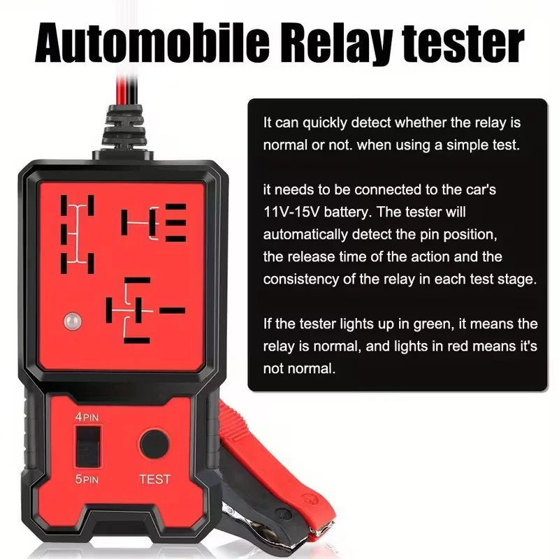 Compact 12V Automotive Relay Tester with Battery Clamp - Easy-To-Use 4-Pin and 5-Pin Relay Tester with Clear Terminal Display, Spdt Switch and Copper Contacts, Hard-Wired/Battery-Powered (Battery Not Included), Suitable for Electrical Systems of Cars, Trucks, and Rvs - Professional and DIY Use