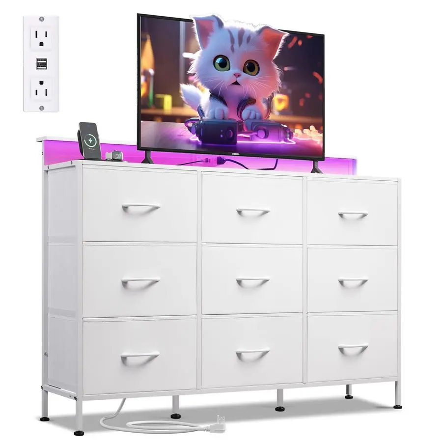 

White Dresser TV Stand for 45, 50, 55 inch TV, Entertainment Center with LED Lights Charging Station, Chest of drawers with 9 F