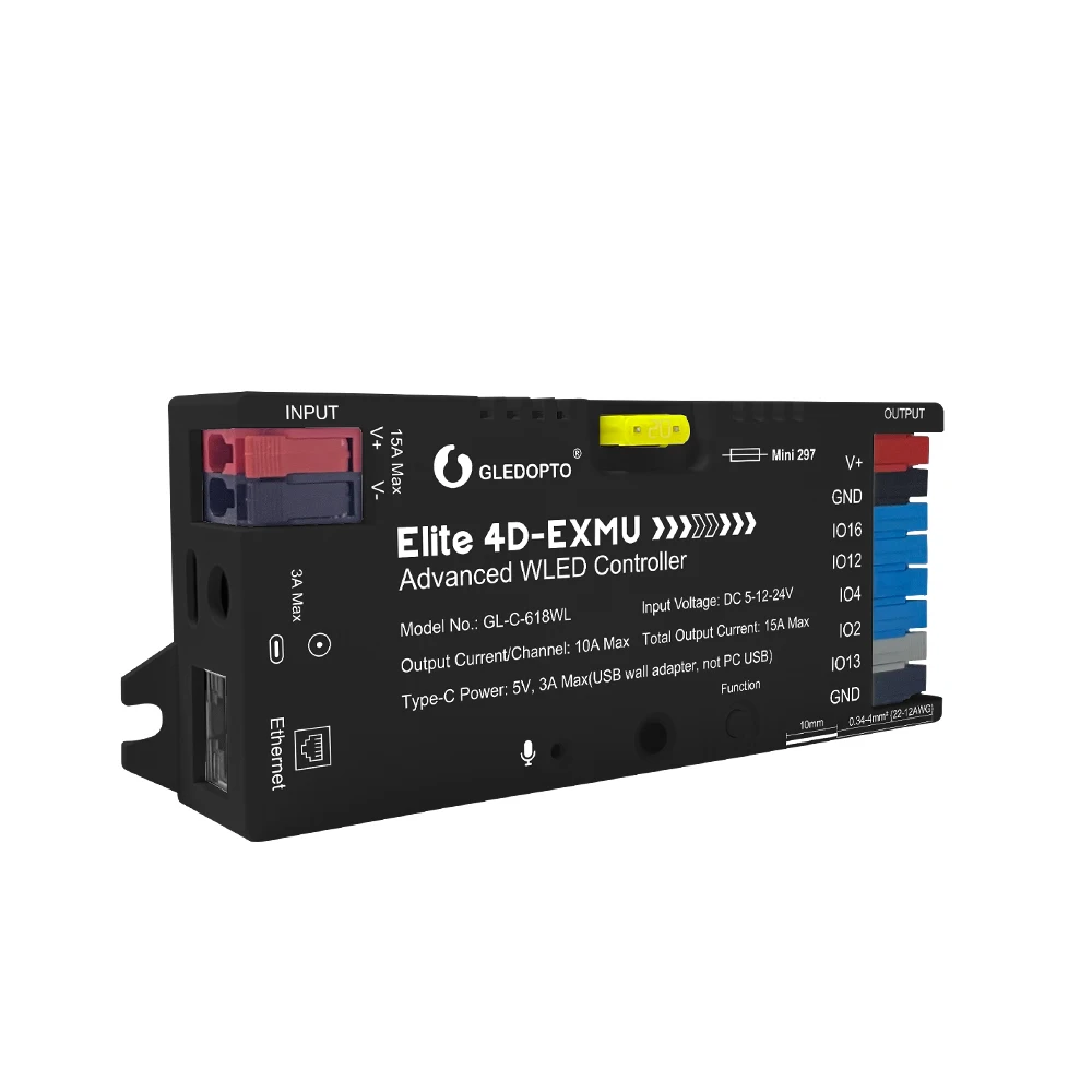 GLEDOPTO Elite 4-kanaals WLED-controller ESP32, Ethernet & WiFi, muzieksynchronisatie, 20A zekering, voor WS2812B SK6812 RGB IC LED-strip DIY