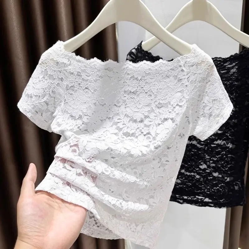 Slimming Ice Silk Mesh Lace Short Sleeve T-Shirt Women's Summer Pure Desire Sexy One-Shoulder Hollow out Korean Style Top