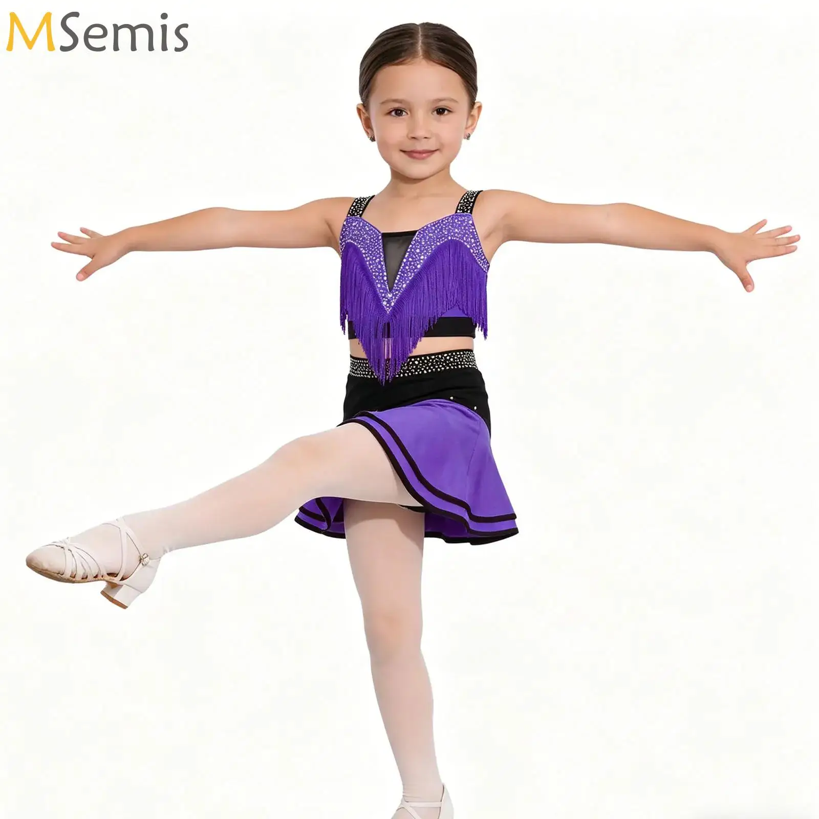 

Kids Girls Ballet Dance Gymnastics Performance Costume Rhinestones Crop Tops+Skirt Latin Figure Skating Tango Rumba Dancewear