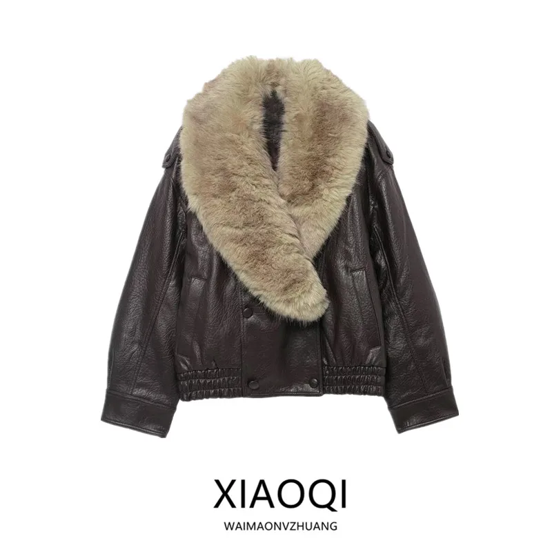 

Свободное женское пальто из искусственной кожи, новое зимнее пальто со съемным воротником, длинное пальто с двойной застежкой на пуговицы, женская модная верхняя одежда