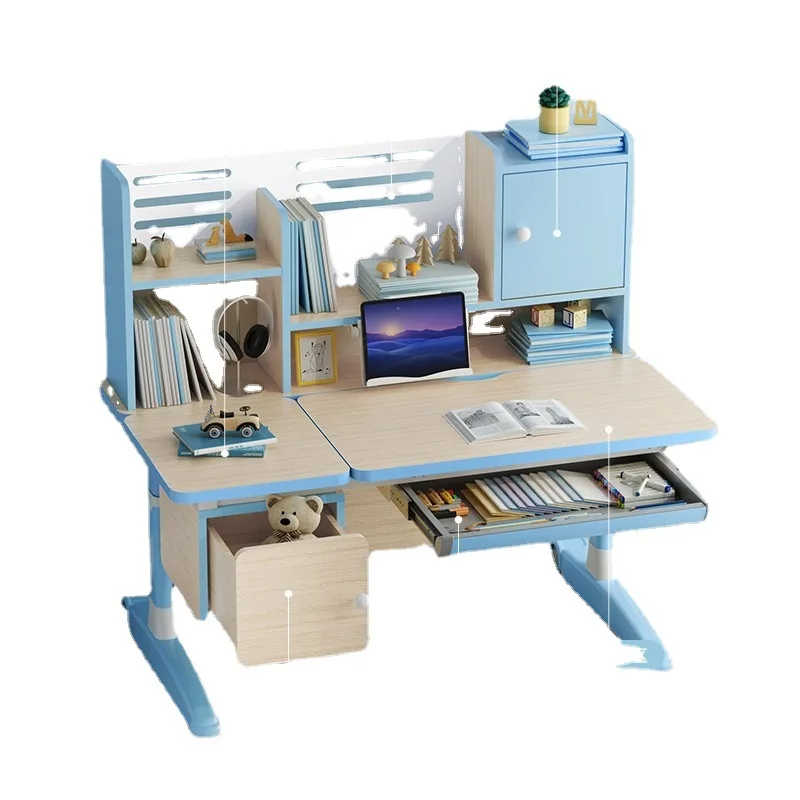 

Children's study table Household solid wood desk Primary school student writing table and chair set Hand lift