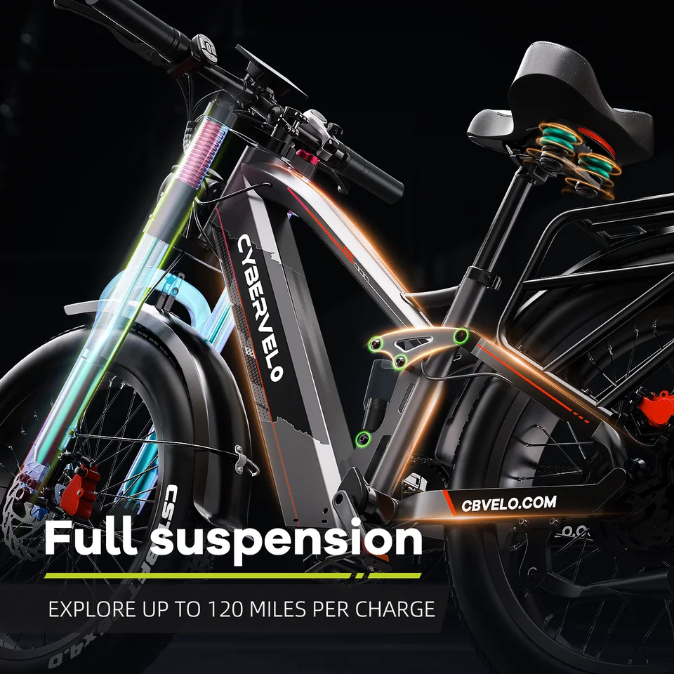 Cybervelo 5000W Peak Fat Tire Electric Bike 26"x4.0 All Terrain Mountain Commuter Ebike 7-Speed Up to 120 Miles 52V 40Ah/60V 50Ah Battery EK9 image 7