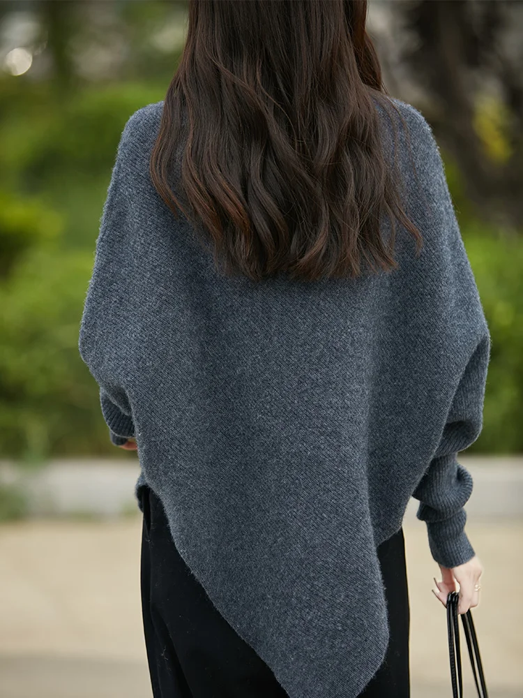 100% lã merino camisola feminina gola alta pulôver bainha irregular malhas casual feminino roupas superiores outono inverno moda manto