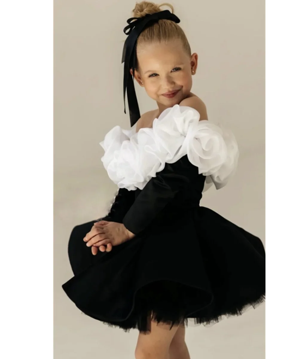 Vestidos elegantes de terciopelo negro para niña, vestido de fiesta de boda con flores en 3D y hombros descubiertos, vestido corto de cumpleaños personalizado