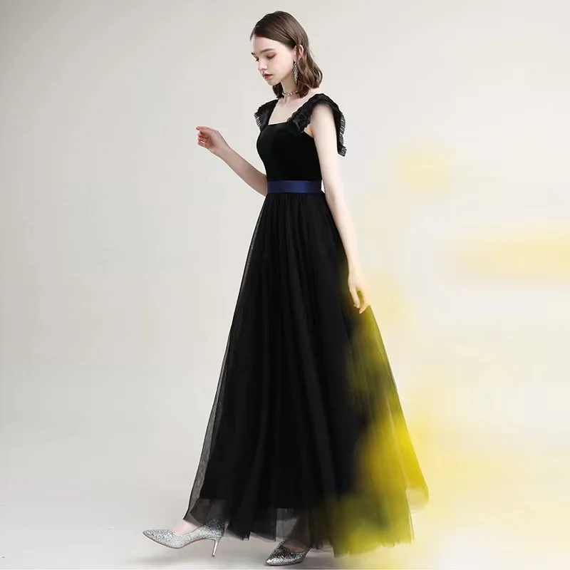 

2022 Fashion Black Tulle Evening Dresses A-Line Long Lace Up Backless Square Collar Homecoming Wedding Banquet Prom Gown Elegant