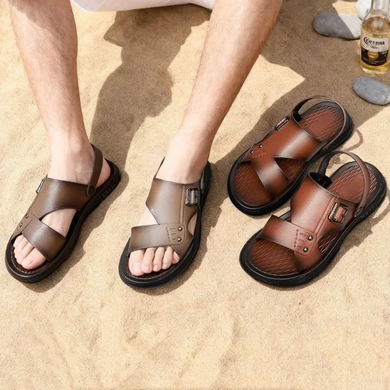 

Мужские летние сандалии, новые, повседневные, пляжные, корейская версия, мягкая подошва, для улицы, универсальные, для папы, двойного назначения.