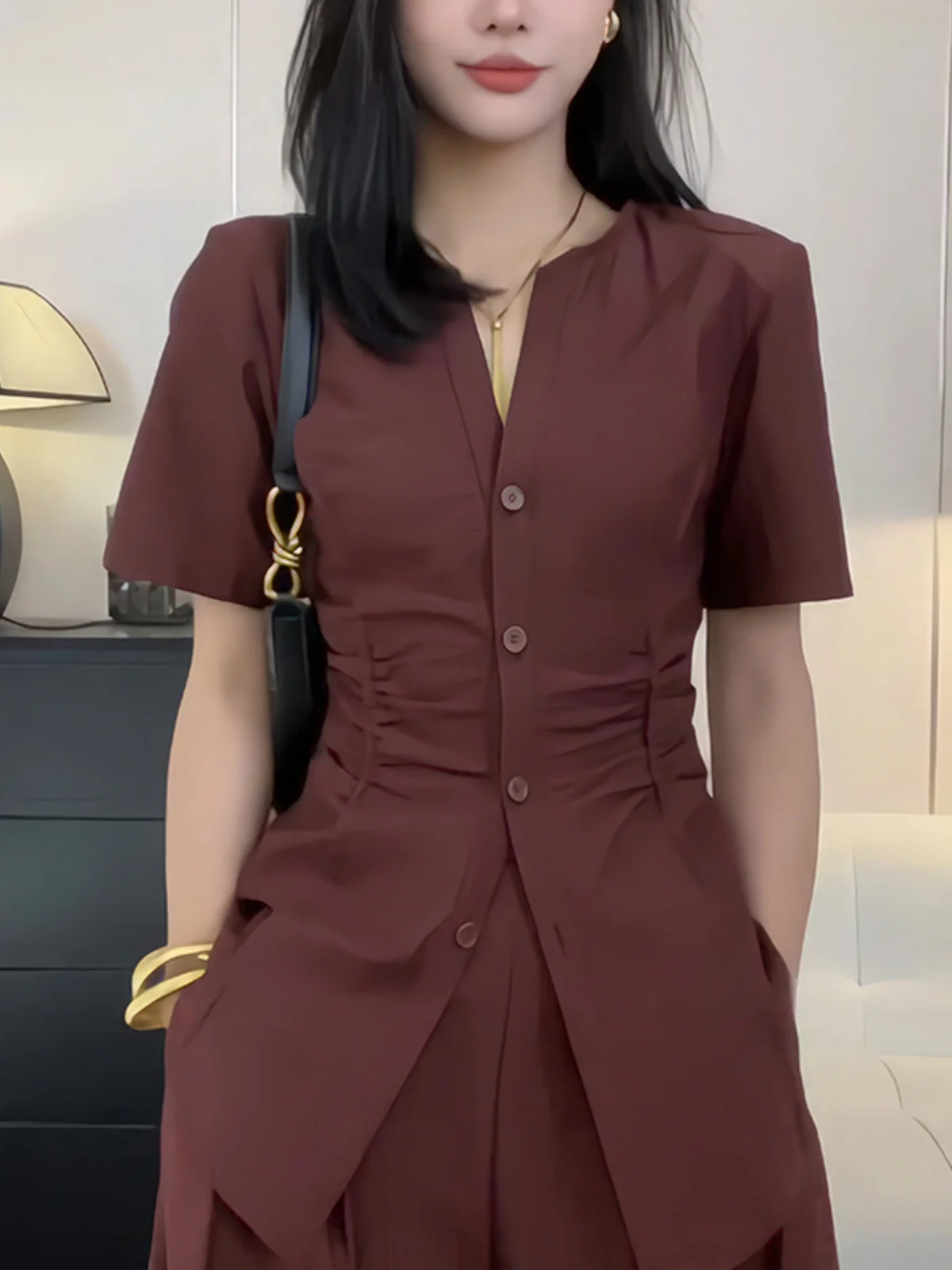 

Wine Red Long Open Cardigan Summer New Sle ort Sve Slimming Versatile High End Commuter European Goods Women's Faion