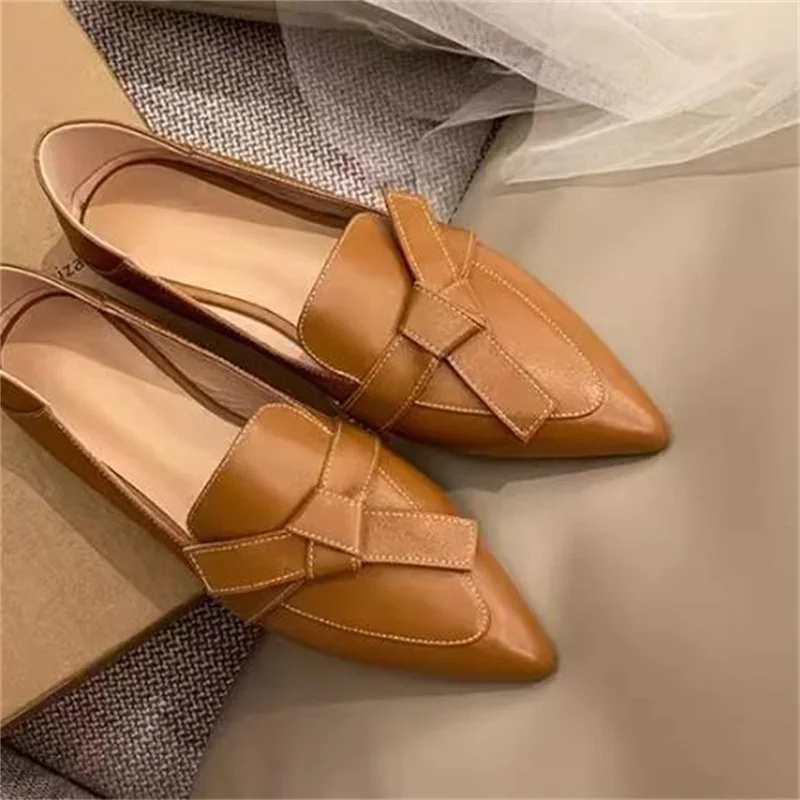 

Butterfly-knot Shoes For Women Pointed Toe Low Heel Sewing Lines Female Loafers Shallow Zapatos Mujer PU Leather Chassure Femme