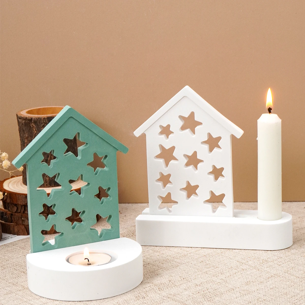 Porous Star Shape House Candlestick Silicone Mold DIY Stars Houses Tea Light Candle Holder Crafts Making Plaster Resin Molds