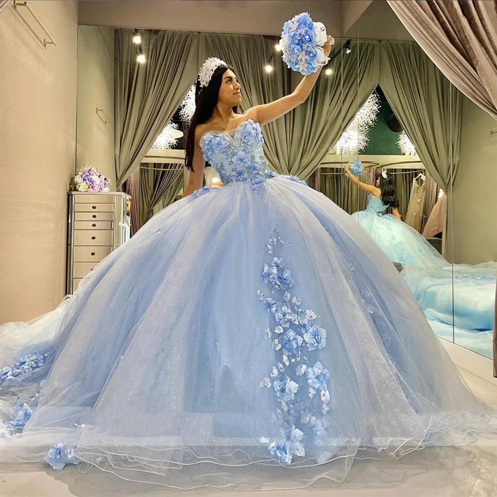 Msikoods Skly gaun pesta biru gaun Prom gaun Quinceanera manis manik-manik 3D bunga gaun Formal vestidos de 15 quincea?era