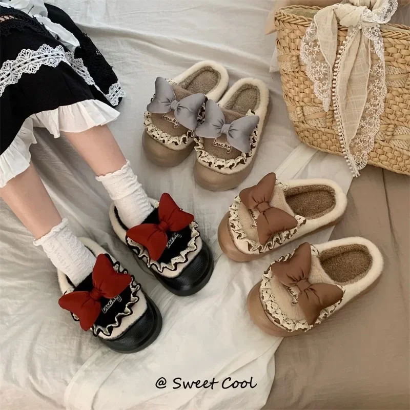 

New Women's Winter Fashion Princess Bow Cotton Slippers Premium Feeling Indoor Home Cotton Shoes Outer Cotton Shoes