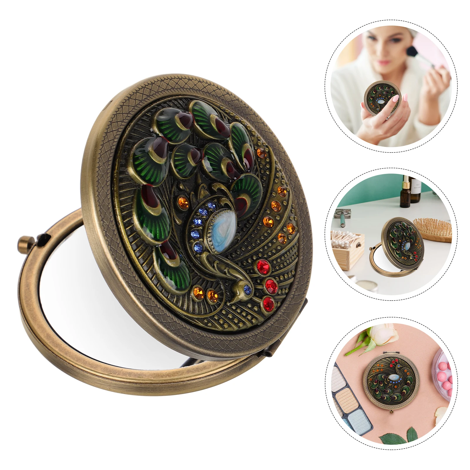 

Exquisite Vintage Peacock Folding Makeup Mirror Durable Metal Portable Small Round Mirror for Women Compact Mirrors