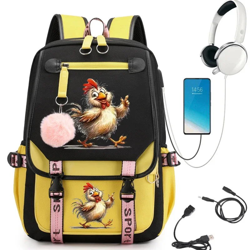 Cute Watercolor Chicken School Bag for Teenager Girls Backpack Anime Cartoon Bagpack Student Backpack Usb Charging Mochila