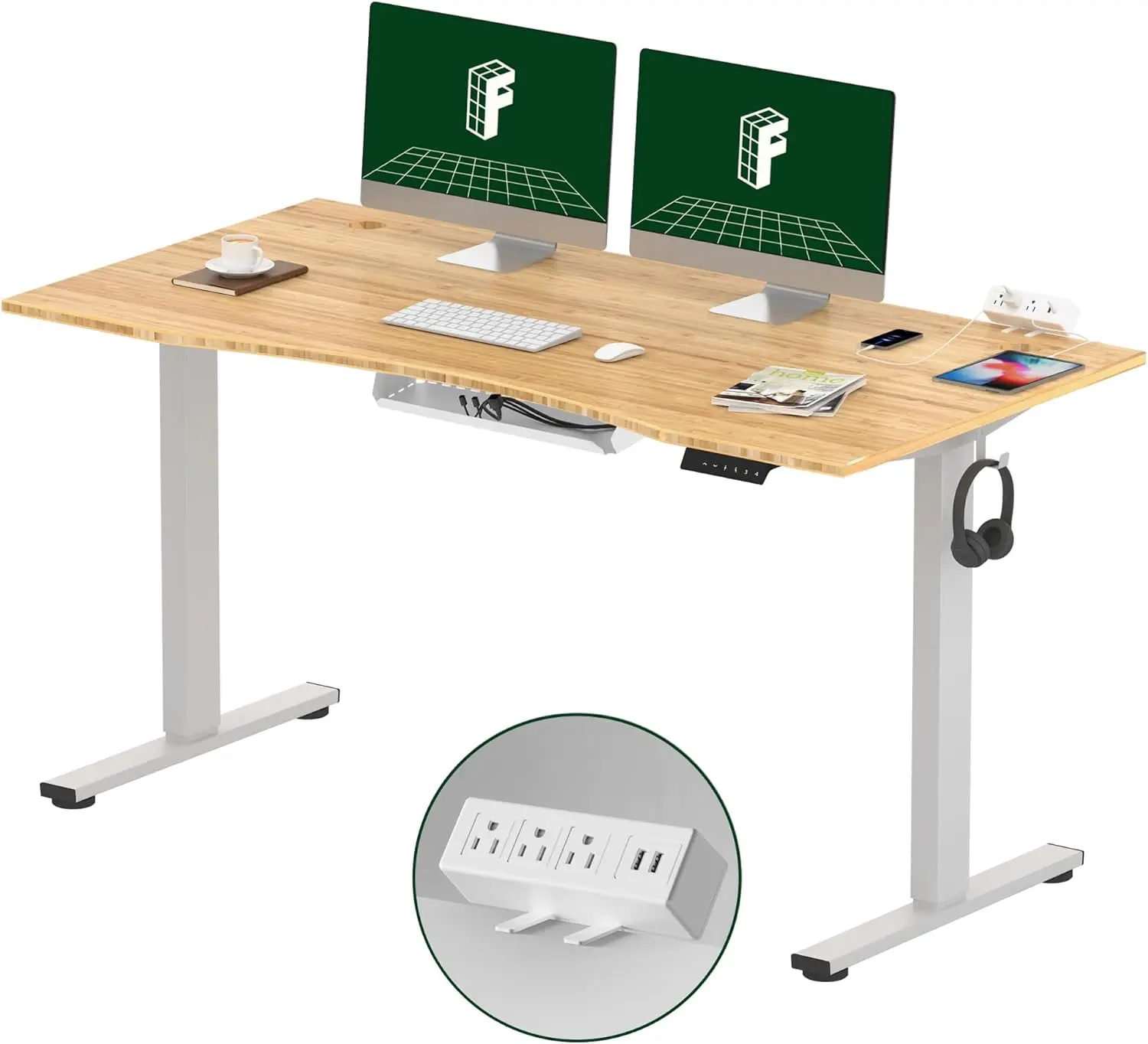 Bamboo vertical table with clip on power board, 55 x 28 height adjustable table (gray frame+55 inch bamboo tabletop, 2 packs)