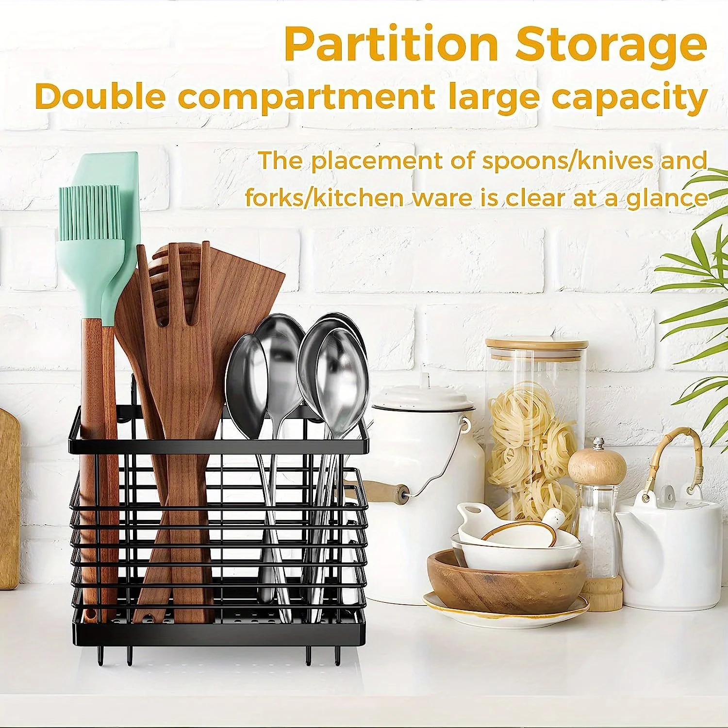 Clutter-Free Large Stainless Steel Kitchen Organizer - Spacious Cutlery & Utensil Holder With Drainage, Perfect For Countertop