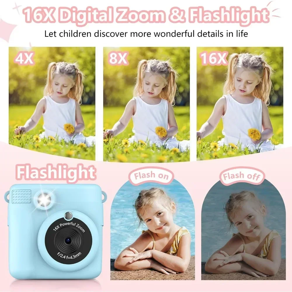 Cámara de impresión instantánea para niños, cámara portátil de 1080P para niños con 32GB de Tarjeta 3 y rollos de papel fotográfico, regalo perfecto