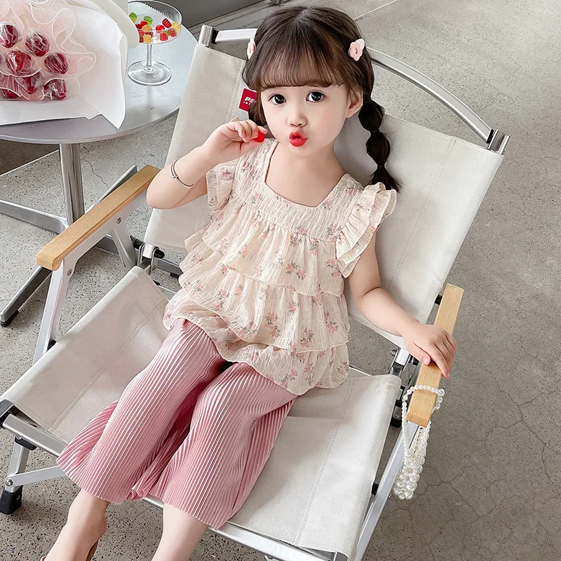 

Summer Children Girl Two-piece Clothes Set Cotton Fly Sleeve Floral Printed Top Loose Ribbed Solid Wide Leg Pant Baby Girl Suits