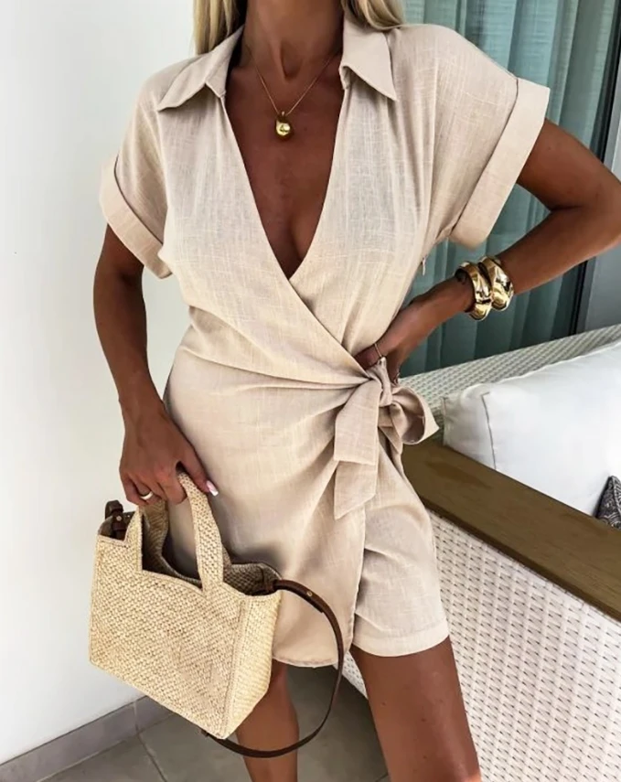 

Daily Vacation for Women 2024 Summer Romper Solid Color Turn-Down Collar Short Sleeve Tied Detail Ruched Overlap Romper