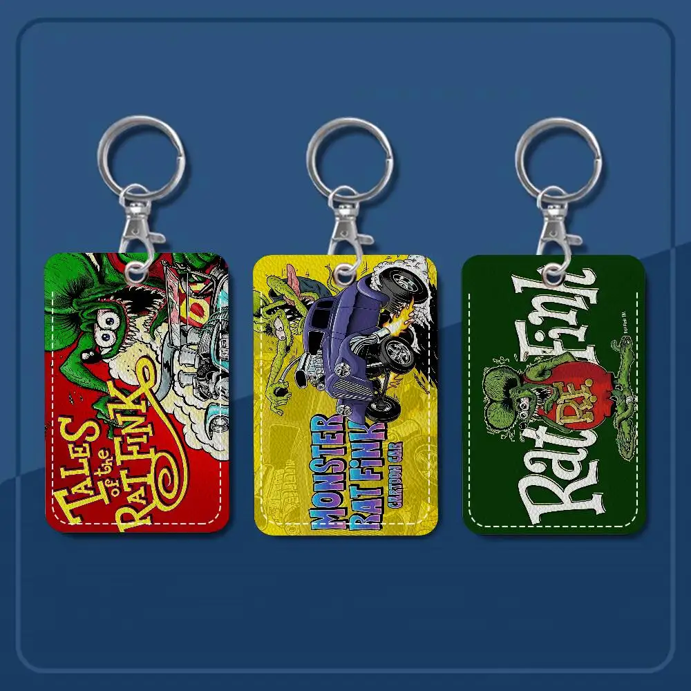 R-RAT F-FINK Rectangle ID Card Case Keychain Access Card Bag Key Tag Ring Leather Card Holder Key Ring Access