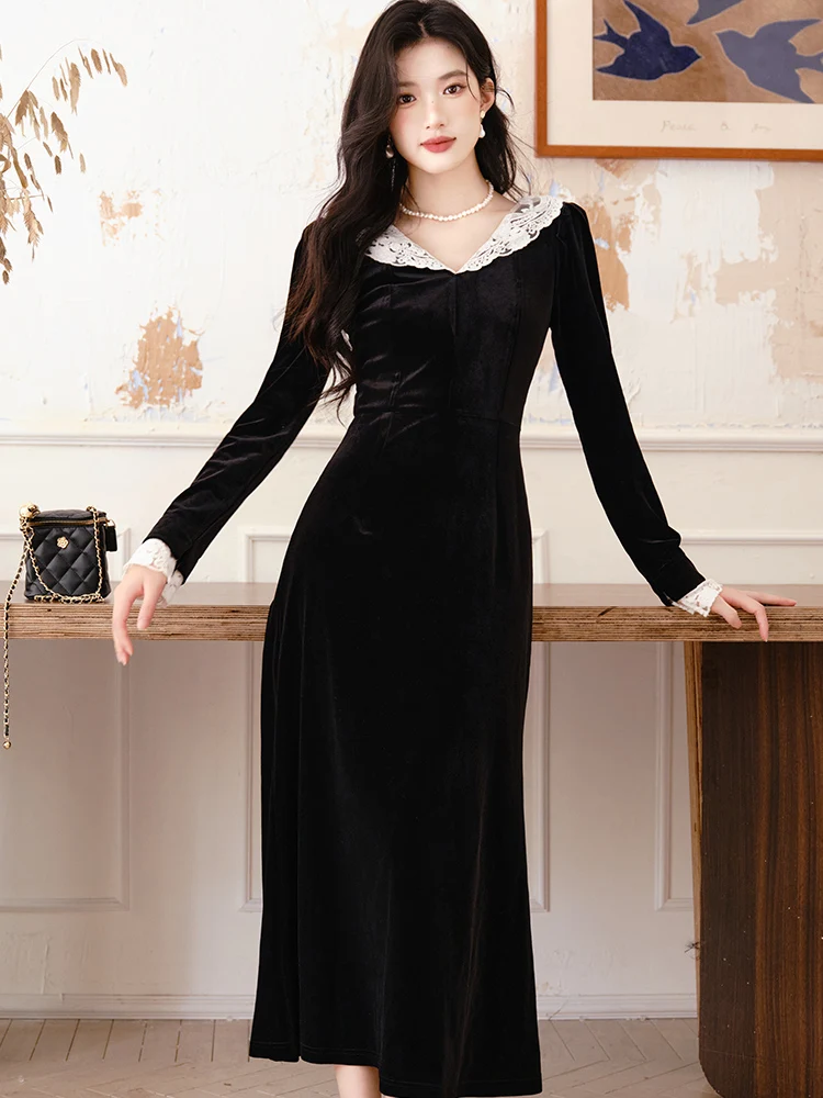 Czarna aksamitna sukienka patchworkowa z koronką, dekolt w serek, elegancka sukienka bodycon na jesień i zimę, sukienka festiwalowa 2025, koreańska sukienka vintage na imprezę.