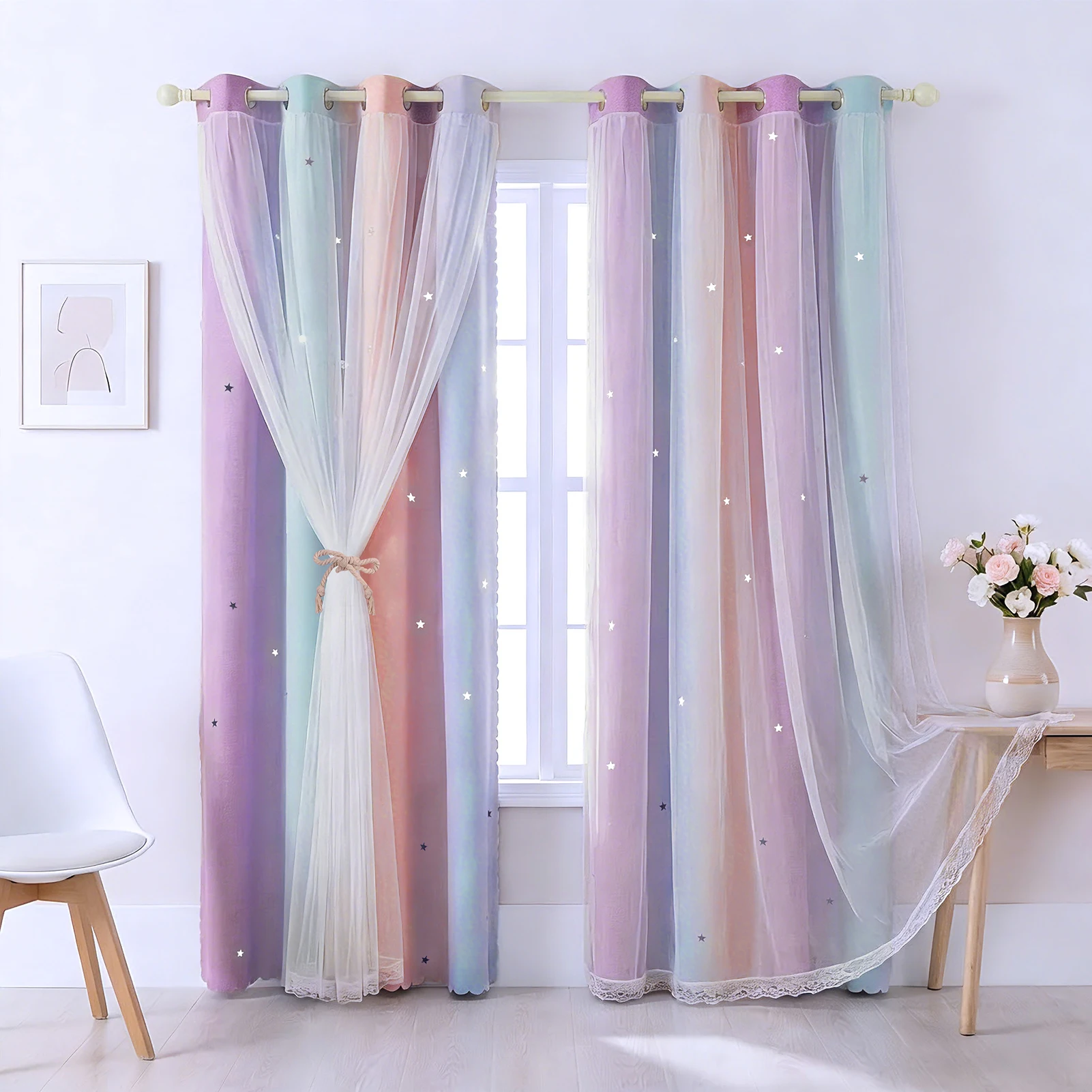 Kids Colorful Rainbow Curtains For Bedroom Hollow Out Twinkle Star Curtains For Girls Antique Grommet Top Window Decor