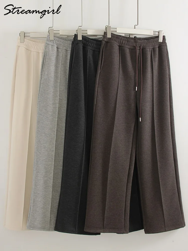 Streamgirl سميكة بناطيل شتوية دافئة للنساء الصوف البني بنطلون مستقيم الساق عالية الخصر المرأة سراويل شتوية مكتب دافئ