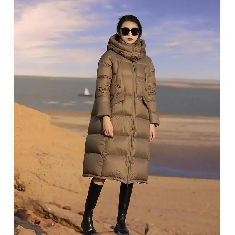 

Теплый длинный свободный белый дюймовый пуховик, женское пальто трапециевидной формы для поездок на работу, ультра-удобное зимнее новое поступление