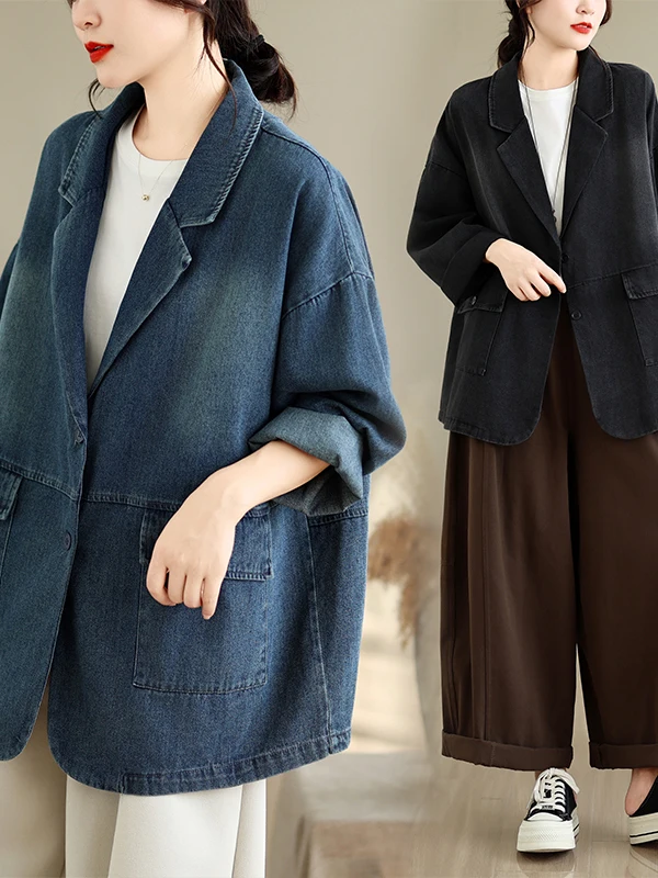Retro Artistic plus Size Washed Denim Suit Jacket Women's Loose Casual Versatile Top Autumn 2026 Single Button Long Sleeve