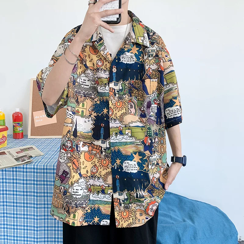 Chemise boutonnée imprimée de dessin animé pour hommes, chemise de plage hawaïenne à manches courtes, chemise à la mode, été, nouveau, Y2K