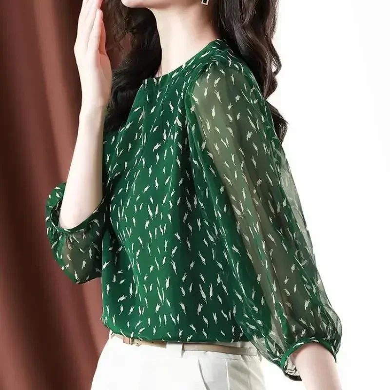 Chemise élégante en mousseline de soie imprimée, col rond, manches trois quarts lanternes, pull ample, vêtements pour femmes, nouvelle collection été 2024
