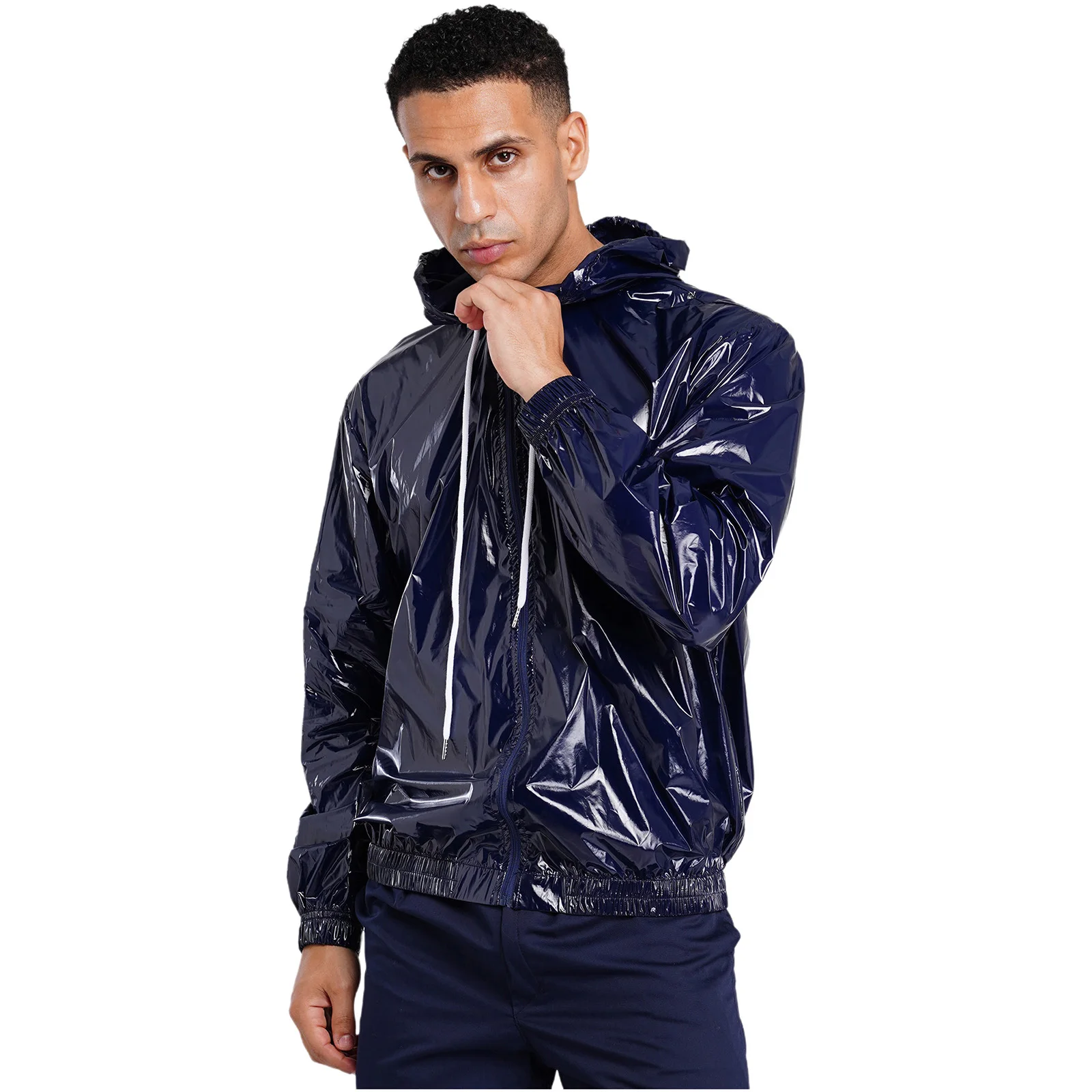 Mens Waterproof Hooded Jacket Tops Long Sleeve Front Zip-up Drawstring Hood Outerwear Windbreaker Raincoat Hiking Fishing Tops
